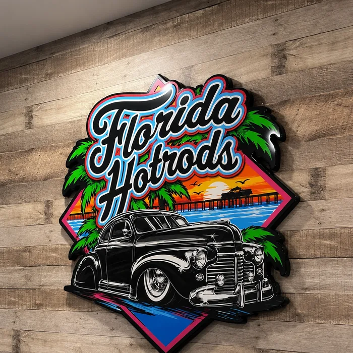 A Florida Hotrods sign in glossy epoxy on a reclaimed wood wall, a black hot rod over a pink and blue sunset diamond