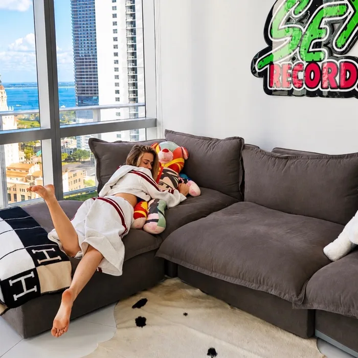 The SEX RECORDS piece on the wall of a bright high-rise living room, plush toys across the sectional below it