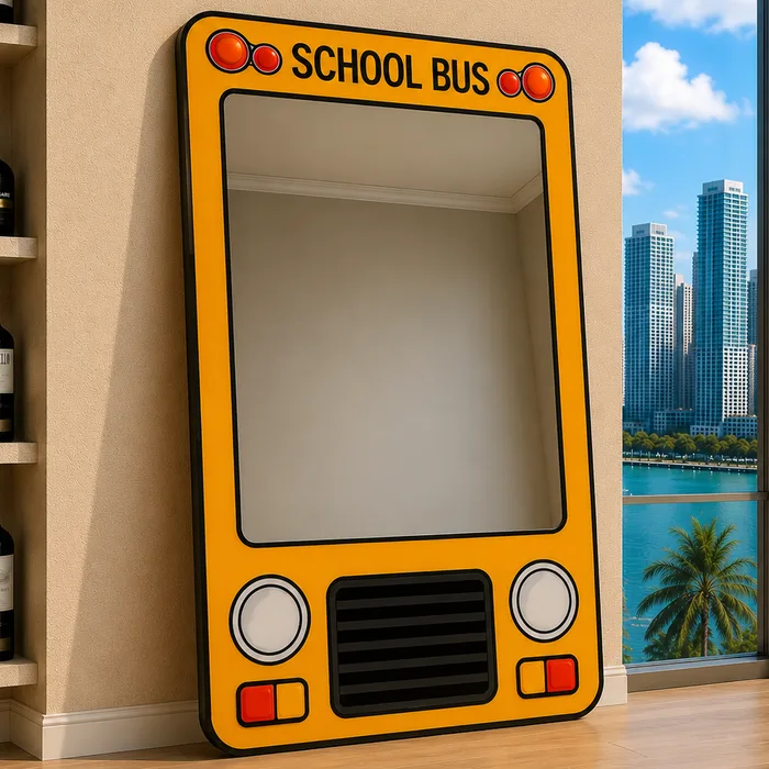 A school-bus-shaped mirror in glossy yellow epoxy, real mirror glass, leaning against a wall