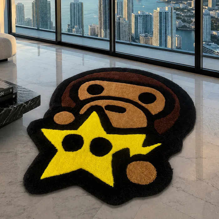 A hand-tufted ape-and-star rug on a marble floor in front of a Miami skyline window