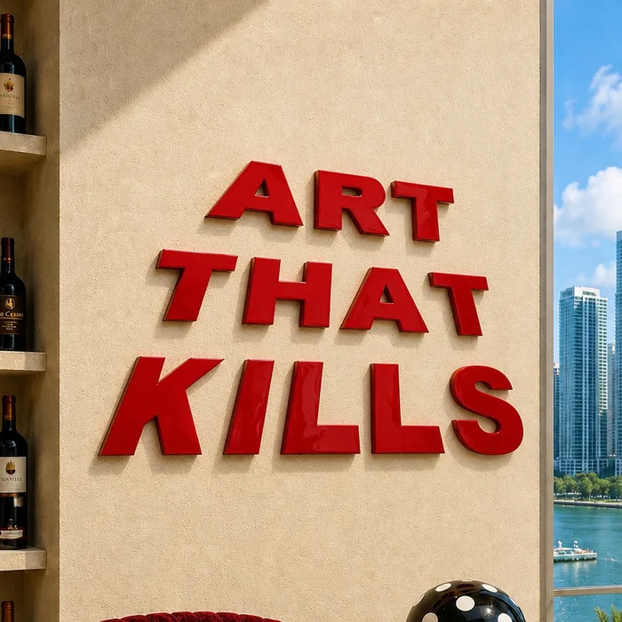 ART THAT KILLS in glossy red epoxy lettering, mounted across a living-room wall